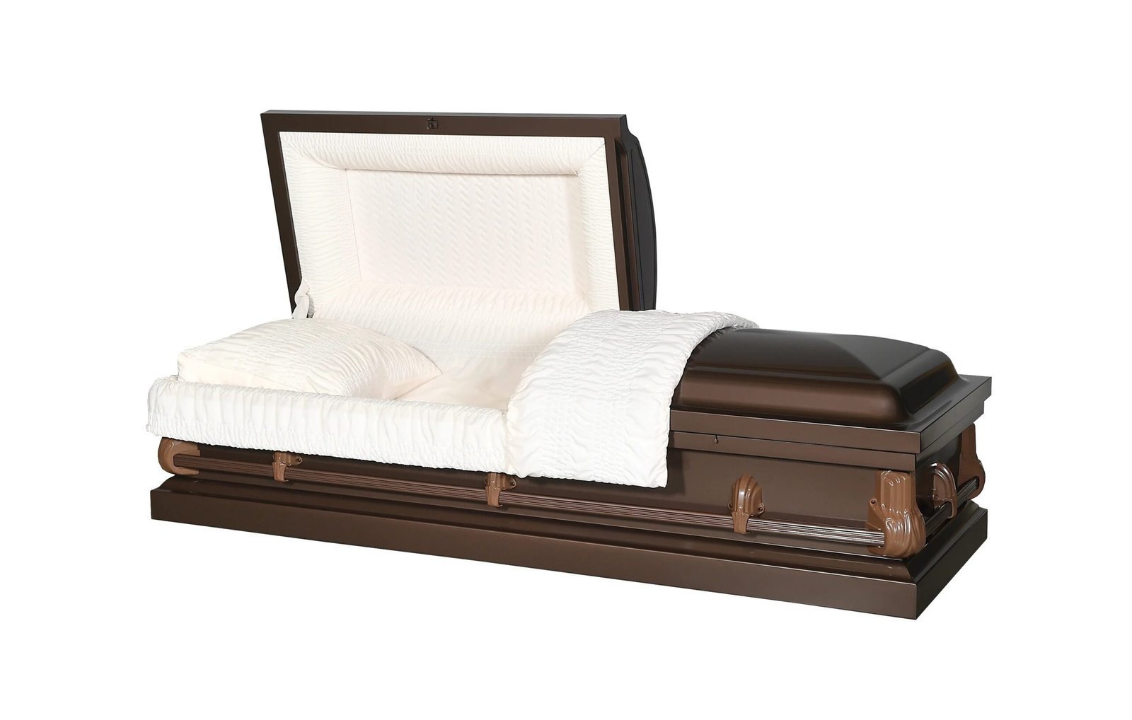 Honor your loved on with our Alex Dark Bronze Half Couch Steel Casket, featuring a sleek dark bronze finish and tan crepe interior. This half couch coffin combines quality craftmanship with direct-to-consumer pricing, making it an affordable casket option without compromising dignity. The Alex Steel Dark Bronze Half Couch Coffin is a great option for honoring your loved one. Dark Bronze finish with Crushed Panel Eternal Rest Adjustable Matching Pillows and Blanket Square Casket Corners Stationary Bar Handles Designed to fit a Standard Burial Vault Specifications: Exterior width of casket: 28" Exterior length of casket: 83" Exterior height of casket: 23" Interior width: 24" Interior length: 79" Customer Service: At Solace, we pride ourselves in providing some of the best client support in the industry. Our team has years of experience in the funeral home business and will take care of all your needs. We take every possible step to ensure timely delivery and the pristine condition of every casket we ship. Each casket is meticulously cleaned, inspected, and photographed before shipping to ensure it meets our high-quality standards. However, we understand that unforeseen circumstances can occasionally occur, and while less than one percent of caskets are damaged during shipment, we are prepared to address these rare situations. If a casket does not arrive on time, we offer a 100% guarantee and will issue a full refund of all amounts paid. In the rare instance that a casket arrives damaged, we will do everything possible to replace it in time for the service. If a replacement is not feasible, we will fully refund your payment and coordinate the return of the casket. Alex Dark Bronze Half Couch Steel Casket