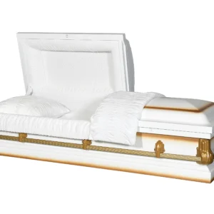 Honor your loved on with our Alex White Half Couch Steel Casket, featuring a sleek white finish and white crepe interior. This half couch coffin combines quality craftmanship with direct-to-consumer pricing, making it an affordable casket option without compromising dignity. The Alex Steel White half Couch Casket is a great option for honoring your loved one. White finish with gold painted hardware Crushed Panel Eternal Rest Adjustable Matching Pillows and Blanket Square Casket Corners Stationary Bar Handles Designed to fit a Standard Burial Vault Specifications: Exterior width of casket: 28" Exterior length of casket: 83" Exterior height of casket: 23" Interior width: 24" Interior length: 79" Customer Service: At Solace, we pride ourselves in providing some of the best client support in the industry. Our team has years of experience in the funeral home business and will take care of all your needs. We take every possible step to ensure timely delivery and the pristine condition of every casket we ship. Each casket is meticulously cleaned, inspected, and photographed before shipping to ensure it meets our high-quality standards. However, we understand that unforeseen circumstances can occasionally occur, and while less than one percent of caskets are damaged during shipment, we are prepared to address these rare situations. If a casket does not arrive on time, we offer a 100% guarantee and will issue a full refund of all amounts paid. In the rare instance that a casket arrives damaged, we will do everything possible to replace it in time for the service. If a replacement is not feasible, we will fully refund your payment and coordinate the return of the casket. Your trust and satisfaction are our highest priorities, and we are committed to delivering exceptional service during this important time.
